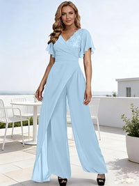 Pantsuits V-Neck Flying Sleeves Pleated Floor-Length Mother of the Bride Dresses with Lace Appliques