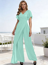 Pantsuits V-Neck Flying Sleeves Pleated Floor-Length Mother of the Bride Dresses with Lace Appliques