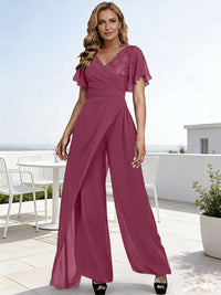 Pantsuits V-Neck Flying Sleeves Pleated Floor-Length Mother of the Bride Dresses with Lace Appliques