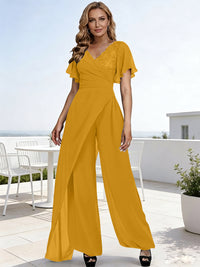 Pantsuits V-Neck Flying Sleeves Pleated Floor-Length Mother of the Bride Dresses with Lace Appliques