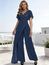 Pantsuits V-Neck Flying Sleeves Pleated Floor-Length Mother of the Bride Dresses with Lace Appliques