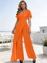 Pantsuits V-Neck Flying Sleeves Pleated Floor-Length Mother of the Bride Dresses with Lace Appliques