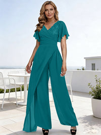 Pantsuits V-Neck Flying Sleeves Pleated Floor-Length Mother of the Bride Dresses with Lace Appliques