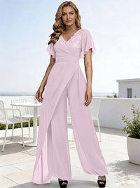 Pantsuits V-Neck Flying Sleeves Pleated Floor-Length Mother of the Bride Dresses with Lace Appliques