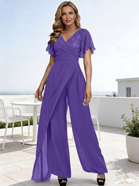 Pantsuits V-Neck Flying Sleeves Pleated Floor-Length Mother of the Bride Dresses with Lace Appliques