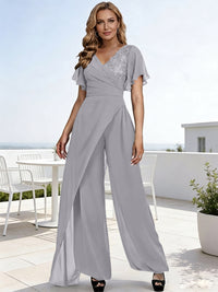 Pantsuits V-Neck Flying Sleeves Pleated Floor-Length Mother of the Bride Dresses with Lace Appliques