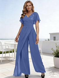 Pantsuits V-Neck Flying Sleeves Pleated Floor-Length Mother of the Bride Dresses with Lace Appliques