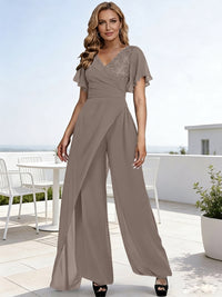 Pantsuits V-Neck Flying Sleeves Pleated Floor-Length Mother of the Bride Dresses with Lace Appliques