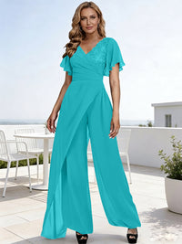 Pantsuits V-Neck Flying Sleeves Pleated Floor-Length Mother of the Bride Dresses with Lace Appliques