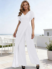 Pantsuits V-Neck Flying Sleeves Pleated Floor-Length Mother of the Bride Dresses with Lace Appliques