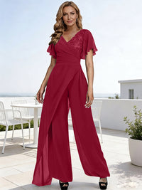 Pantsuits V-Neck Flying Sleeves Pleated Floor-Length Mother of the Bride Dresses with Lace Appliques