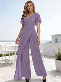 Pantsuits V-Neck Flying Sleeves Pleated Floor-Length Mother of the Bride Dresses with Lace Appliques