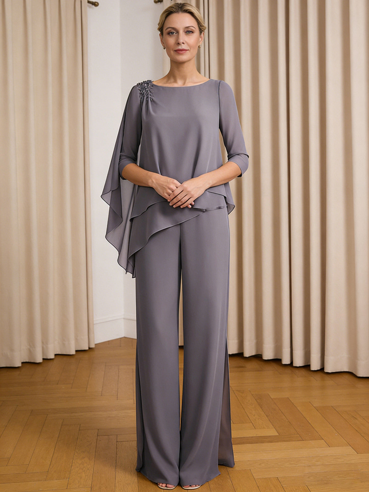 Scoop Neck Ruffle Floor-Length Mother of the Bride Pant Suits with Appliques