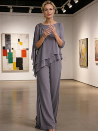 Scoop Neck Ruffle Floor-Length Mother of the Bride Pant Suits with Appliques