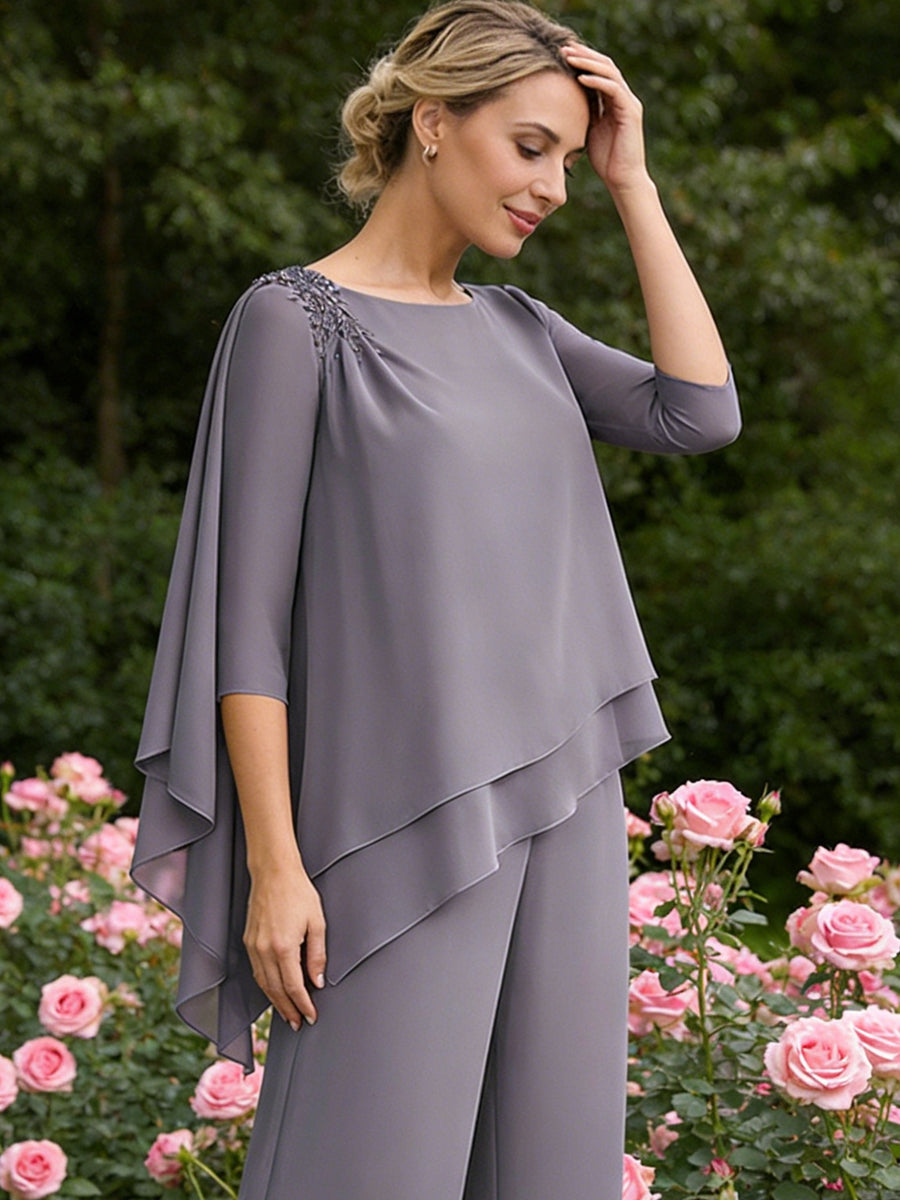 Scoop Neck Ruffle Floor-Length Mother of the Bride Pant Suits with Appliques