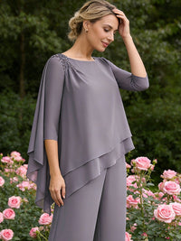 Scoop Neck Ruffle Floor-Length Mother of the Bride Pant Suits with Appliques
