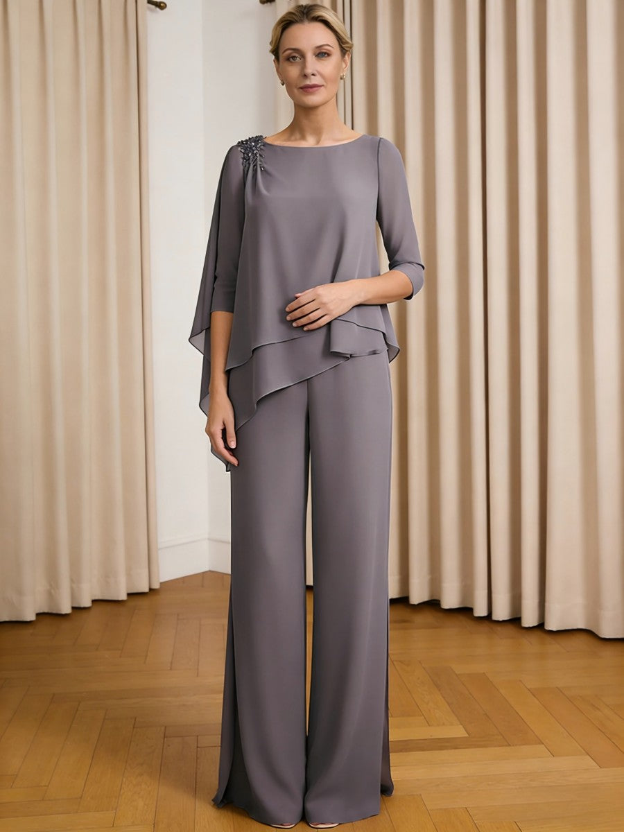 Scoop Neck Ruffle Floor-Length Mother of the Bride Pant Suits with Appliques