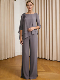 Scoop Neck Ruffle Floor-Length Mother of the Bride Pant Suits with Appliques
