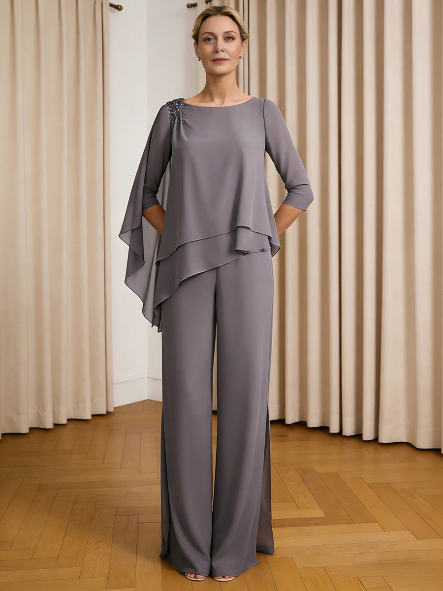 Scoop Neck Ruffle Floor-Length Mother of the Bride Pant Suits with Appliques