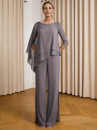 Scoop Neck Ruffle Floor-Length Mother of the Bride Pant Suits with Appliques