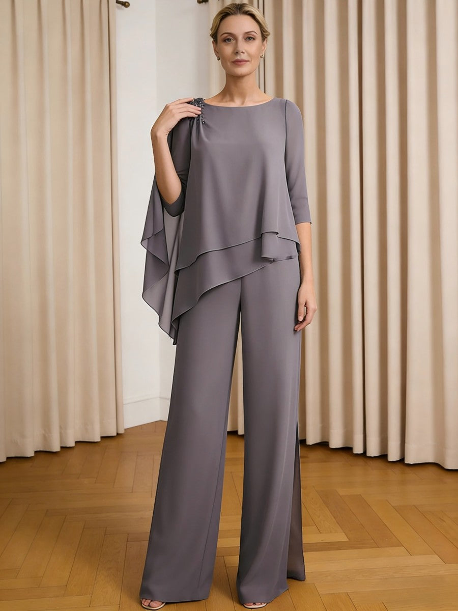 Scoop Neck Ruffle Floor-Length Mother of the Bride Pant Suits with Appliques