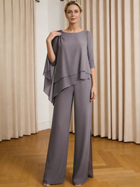 Scoop Neck Ruffle Floor-Length Mother of the Bride Pant Suits with Appliques
