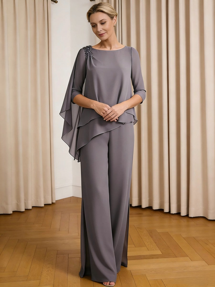 Scoop Neck Ruffle Floor-Length Mother of the Bride Pant Suits with Appliques