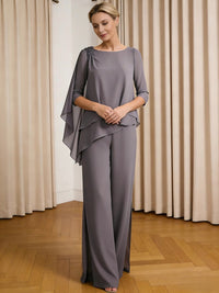 Scoop Neck Ruffle Floor-Length Mother of the Bride Pant Suits with Appliques