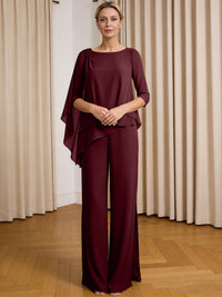 Scoop Neck Ruffle Floor-Length Mother of the Bride Pant Suits with Appliques