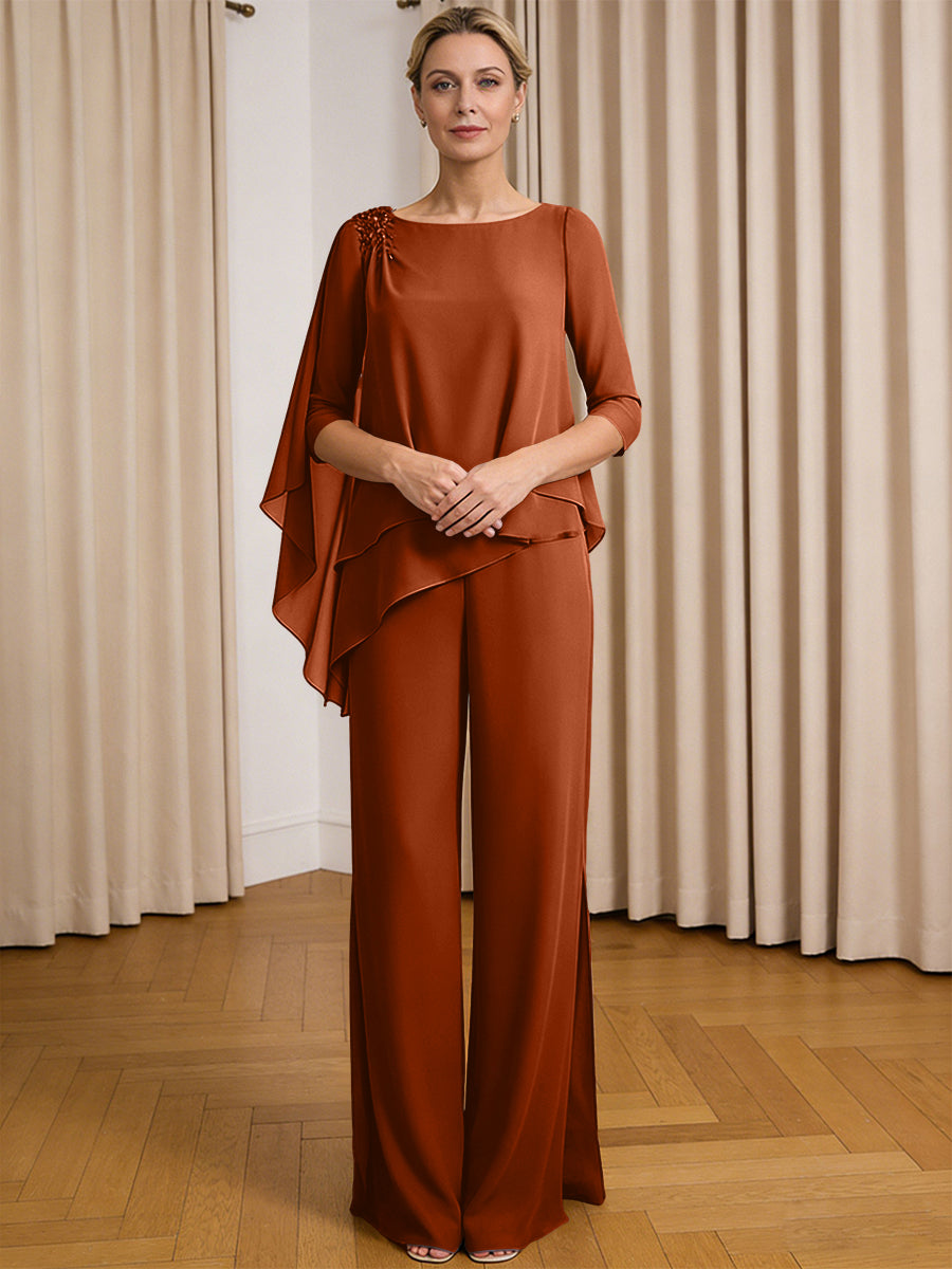 Scoop Neck Ruffle Floor-Length Mother of the Bride Pant Suits with Appliques