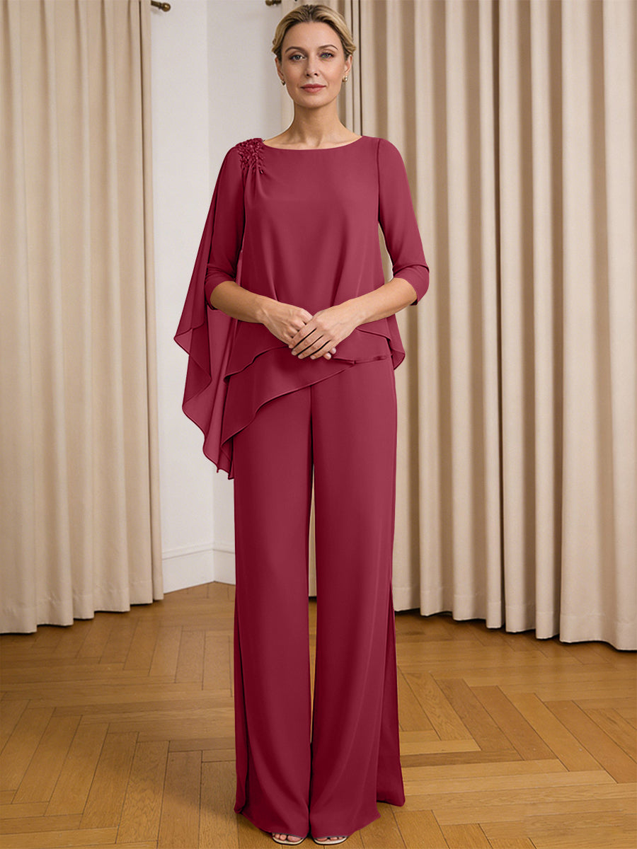 Scoop Neck Ruffle Floor-Length Mother of the Bride Pant Suits with Appliques