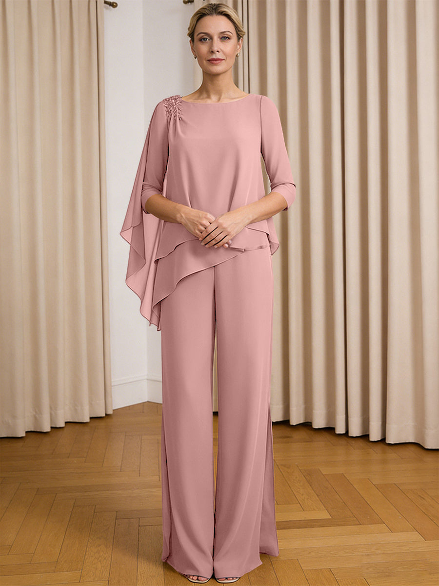Scoop Neck Ruffle Floor-Length Mother of the Bride Pant Suits with Appliques