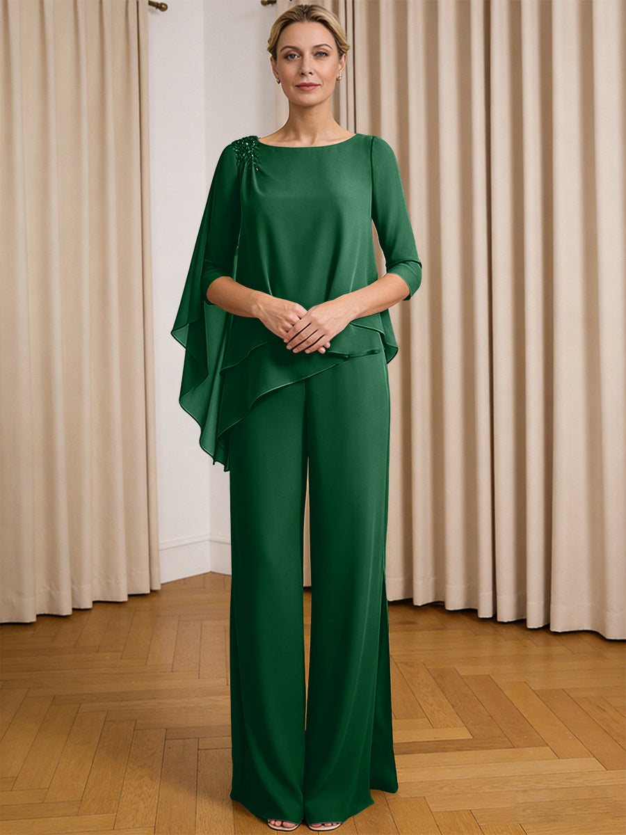 Scoop Neck Ruffle Floor-Length Mother of the Bride Pant Suits with Appliques