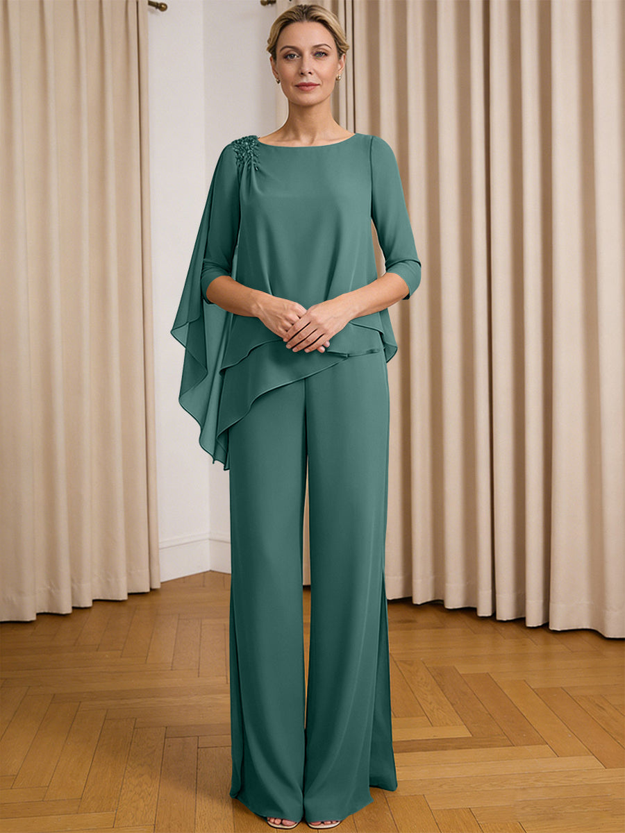 Scoop Neck Ruffle Floor-Length Mother of the Bride Pant Suits with Appliques