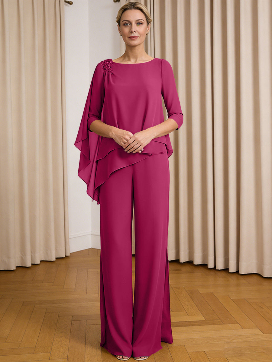 Scoop Neck Ruffle Floor-Length Mother of the Bride Pant Suits with Appliques