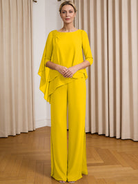 Scoop Neck Ruffle Floor-Length Mother of the Bride Pant Suits with Appliques