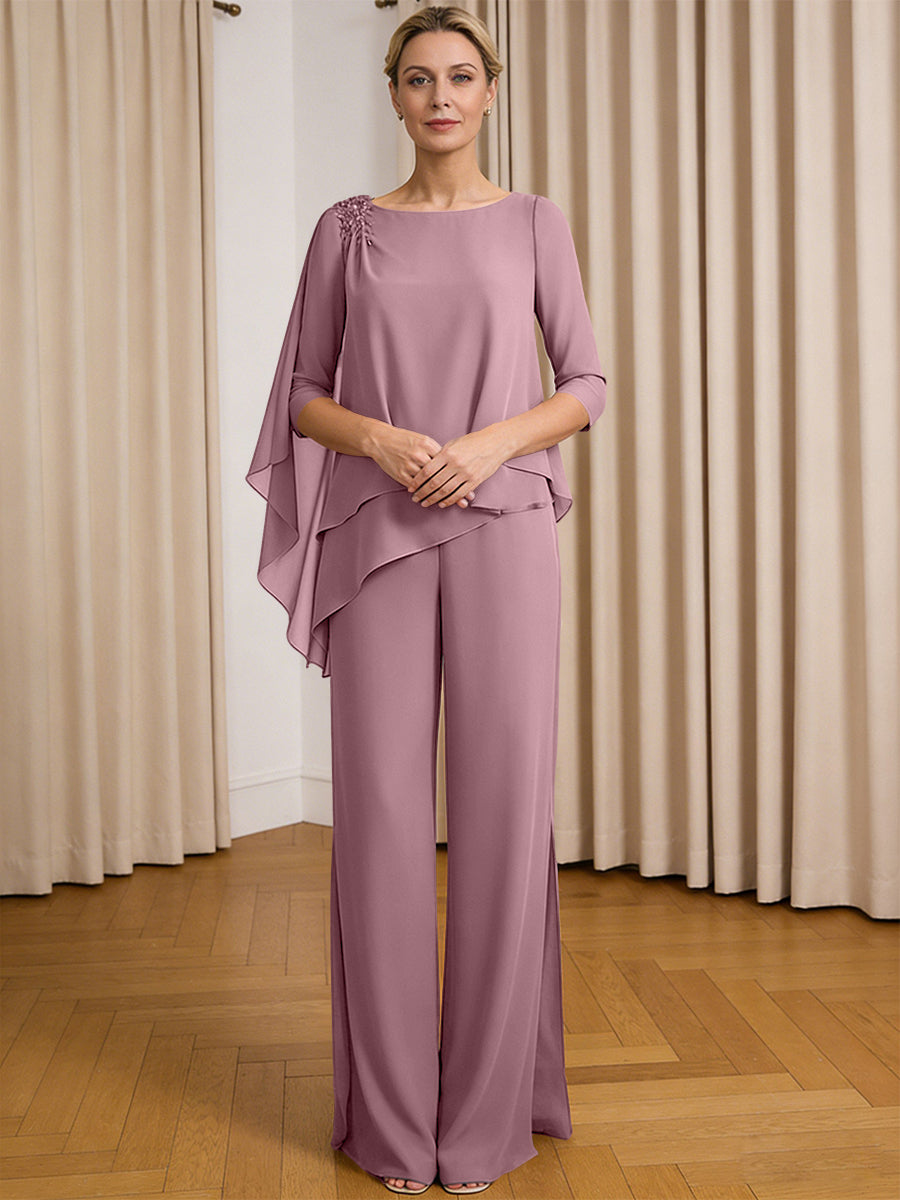 Scoop Neck Ruffle Floor-Length Mother of the Bride Pant Suits with Appliques