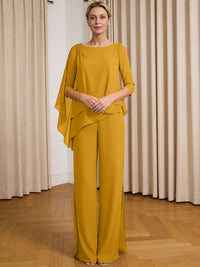 Scoop Neck Ruffle Floor-Length Mother of the Bride Pant Suits with Appliques
