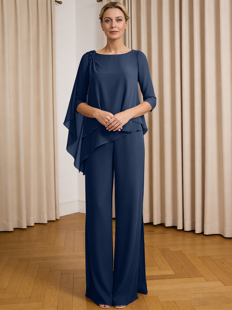 Scoop Neck Ruffle Floor-Length Mother of the Bride Pant Suits with Appliques