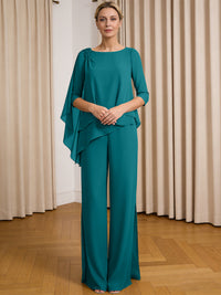 Scoop Neck Ruffle Floor-Length Mother of the Bride Pant Suits with Appliques