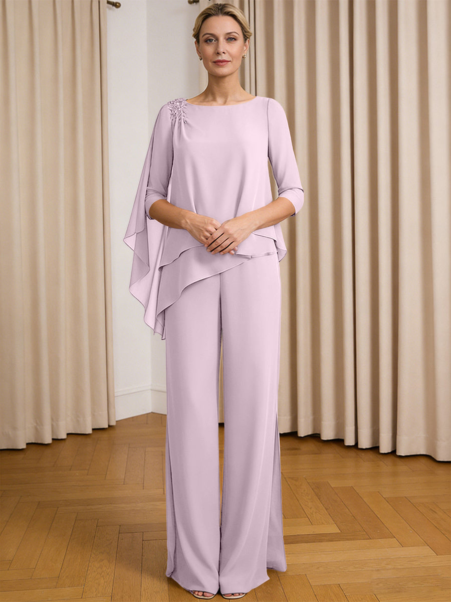 Scoop Neck Ruffle Floor-Length Mother of the Bride Pant Suits with Appliques