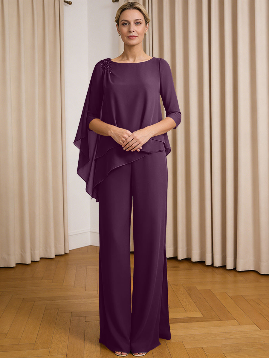 Scoop Neck Ruffle Floor-Length Mother of the Bride Pant Suits with Appliques