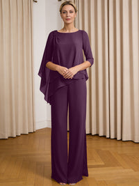 Scoop Neck Ruffle Floor-Length Mother of the Bride Pant Suits with Appliques