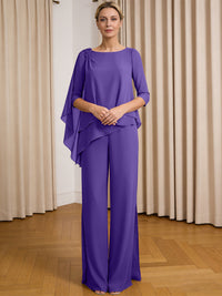 Scoop Neck Ruffle Floor-Length Mother of the Bride Pant Suits with Appliques