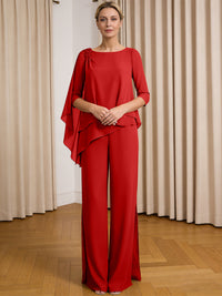 Scoop Neck Ruffle Floor-Length Mother of the Bride Pant Suits with Appliques