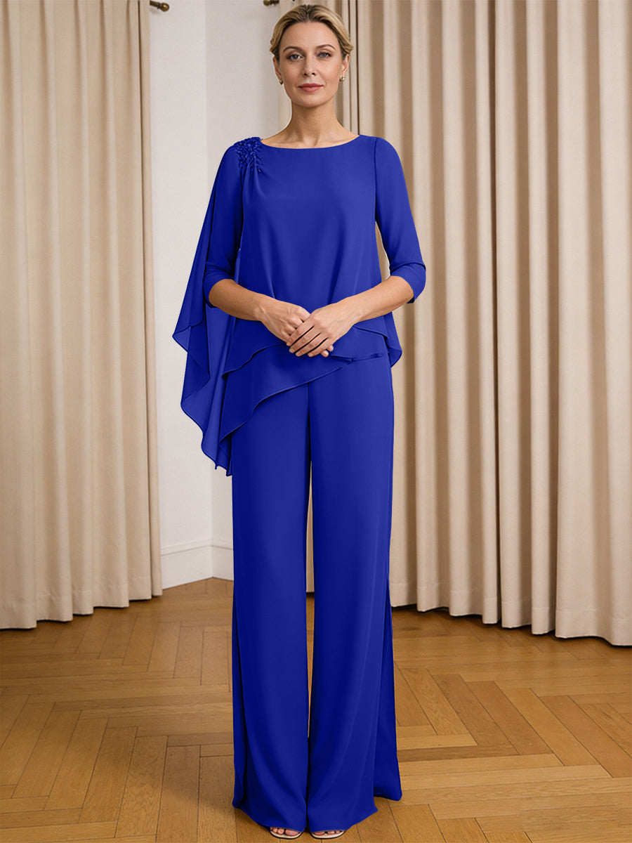 Scoop Neck Ruffle Floor-Length Mother of the Bride Pant Suits with Appliques