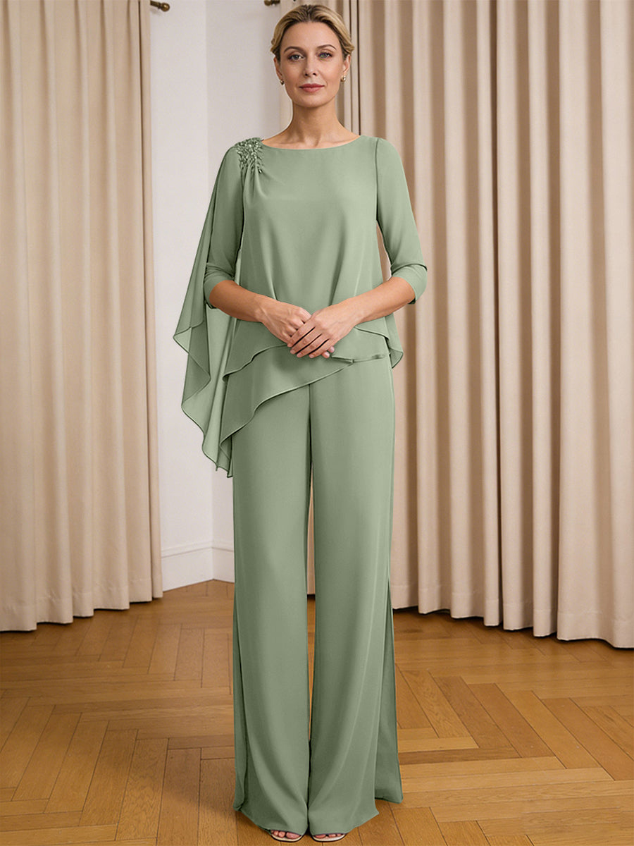 Scoop Neck Ruffle Floor-Length Mother of the Bride Pant Suits with Appliques