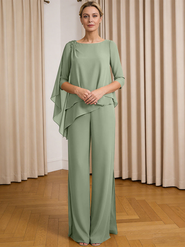 Scoop Neck Ruffle Floor-Length Mother of the Bride Pant Suits with Appliques