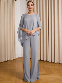 Scoop Neck Ruffle Floor-Length Mother of the Bride Pant Suits with Appliques
