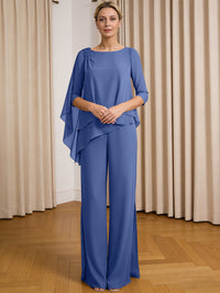 Scoop Neck Ruffle Floor-Length Mother of the Bride Pant Suits with Appliques